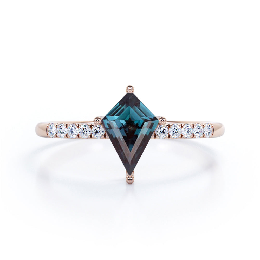 Geometric 1 Carat Kite Shaped Lab Created Alexandrite And Diamond Pave Half Eternity Engagement Ring In White Gold