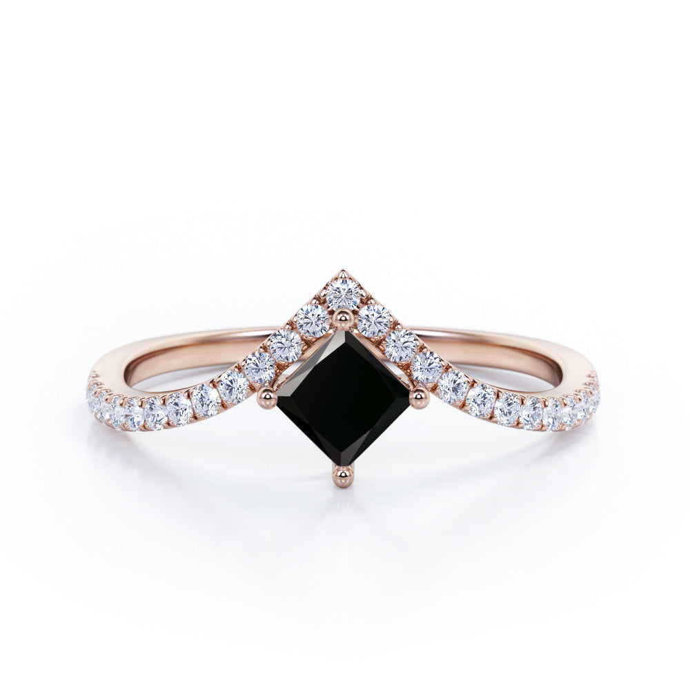 Tiara Design 1.25 Carat Princess Cut Black Diamond Four Prong Pave Engagement Ring In White Gold