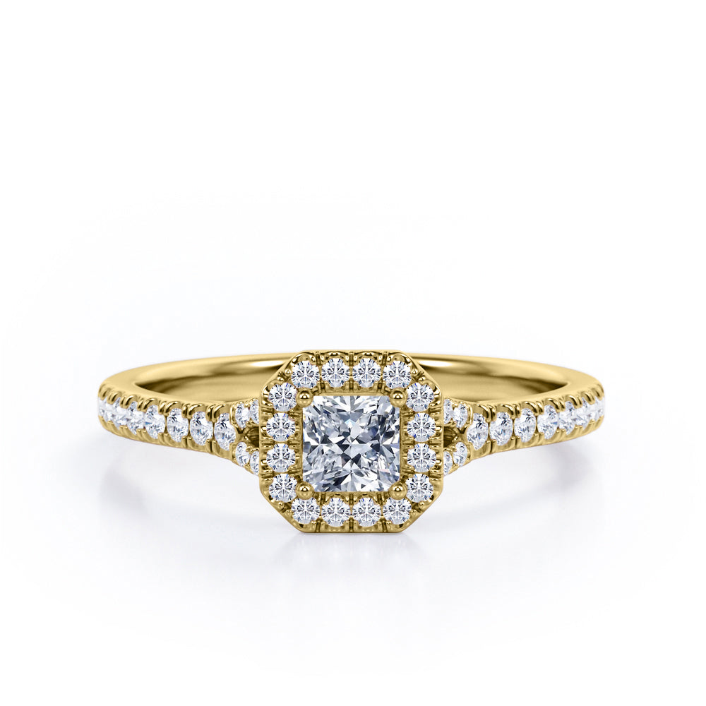 Four-Prong Octagon Halo Design - 0.5 TCW Princess Cut Diamond - Split Shank Pave Engagement Ring - 10K Rose Gold