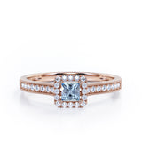 Halo Design 1.25 Carat Princess Cut Aquamarine Milgrain-Bordered Pave-Channel Engagement Ring in White Gold