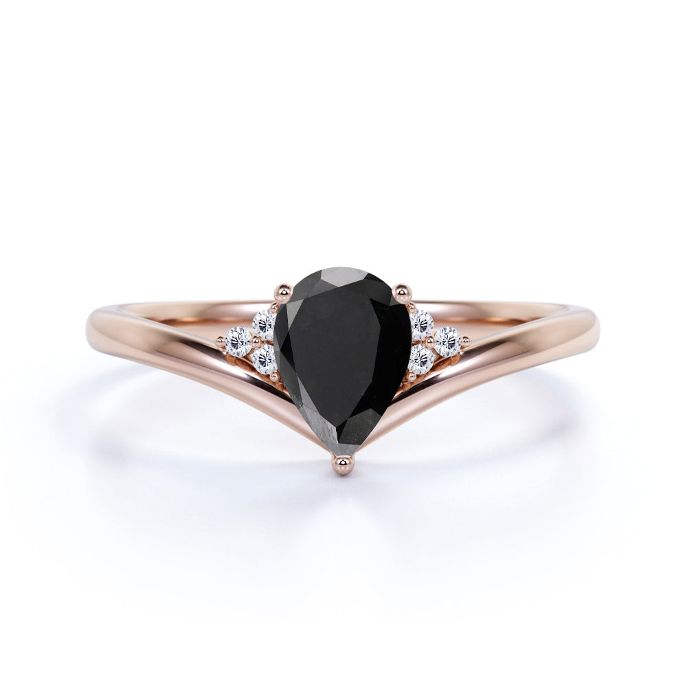 Geometric 1.15 Carat Pear Lab Made Black Diamond and Contoured Engagement Ring in White Gold