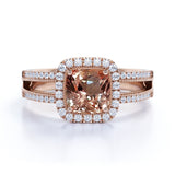 French Pave 1.75 Carat Cushion Orange Morganite and Diamond Halo Split Shank Engagement Ring in White Gold