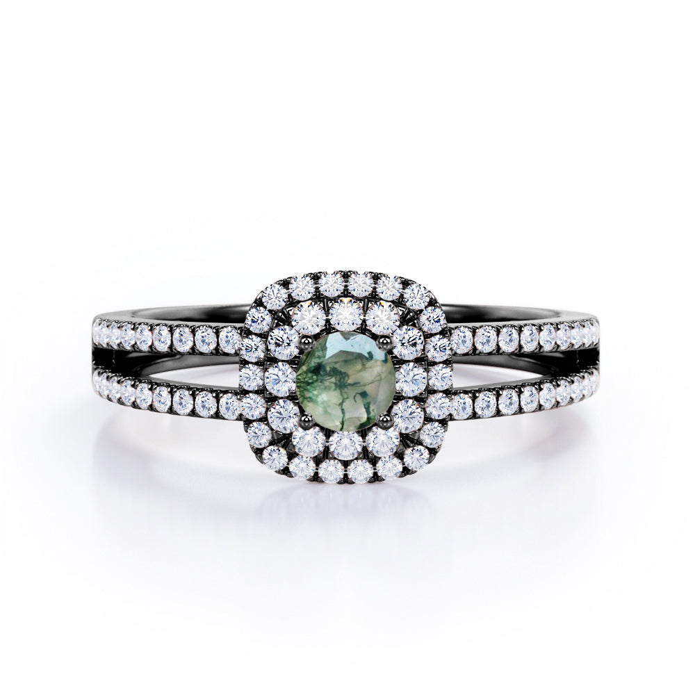 Double Halo 1.55 Carat Round Cut Green Moss Agate And Diamond Split Shank Engagement Ring In White Gold