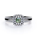 Double Halo 1.55 Carat Round Cut Green Moss Agate And Diamond Split Shank Engagement Ring In White Gold