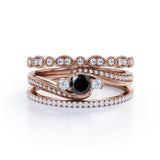 Artdeco 1.75 Carat Round cut Lab Black Diamond Trio Wedding Bridal Ring Set Rose Gold
