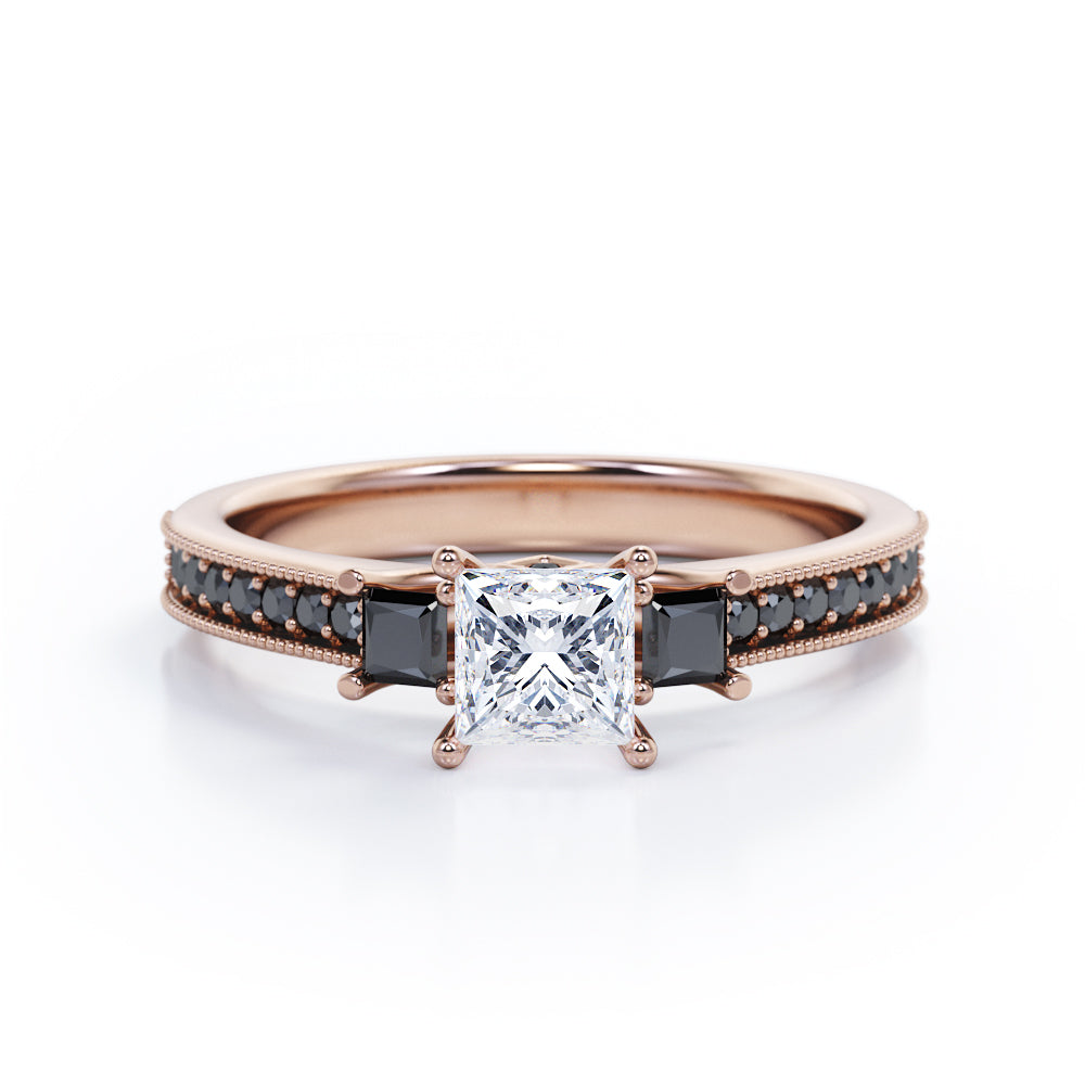 Trilogy Cathedral Prong - 1.4 TCW Princess Cut Moissanite with Lab Created Black Diamond - Milgrain Pave Channel Engagement Ring  in White Gold