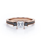Trilogy Cathedral Prong - 1.4 TCW Princess Cut Moissanite with Lab Created Black Diamond - Milgrain Pave Channel Engagement Ring  in White Gold