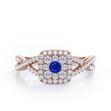 Pave Crossover - 1.25 Carat Round Cut Blue Sapphire and diamond - Flush Cluster Halo Engagement Ring in White Gold