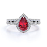 Vintage Art Deco Milgrain 2 Carat Pear Cut Lab Ruby Bridal Set with Diamond Pave Wedding Bands in White Gold