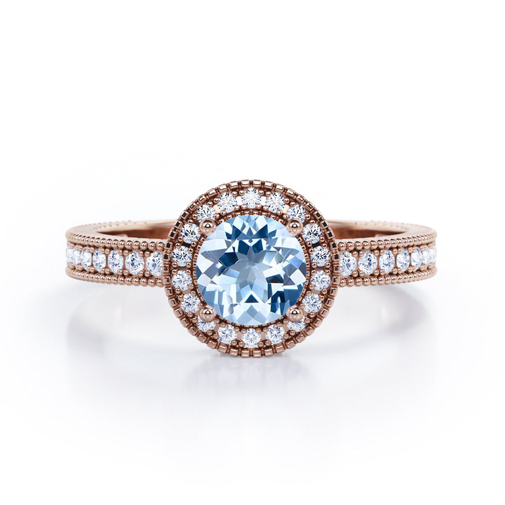 Decorative Halo 1 carat Round Aquamarine and Diamond Milgrain Engagement Ring in White Gold