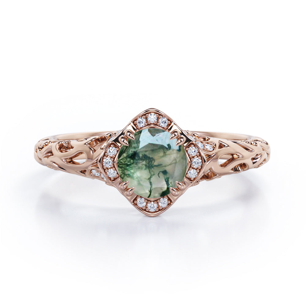 Modern Art Deco 1.10 Carat Round Cut Green Moss Agate And Diamond Cushion Framed Halo Engagement Ring In White Gold
