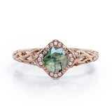 Modern Art Deco 1.10 Carat Round Cut Green Moss Agate And Diamond Cushion Framed Halo Engagement Ring In White Gold