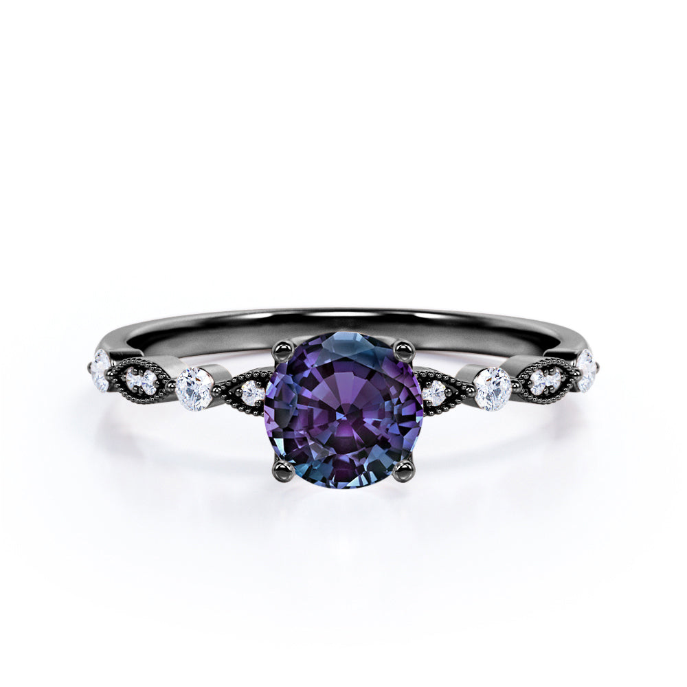 Four Prong 1.25 Carat Round Cut Lab Created Alexandrite And Diamond Modern Art Deco Engagement Ring In White Gold