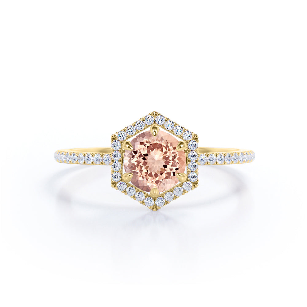 Elegant Hexagon Style 1.75 Carat Round Orange Peach Morganite and Diamond Engagement Ring in Rose Gold