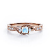 Double Curved Line Milgrain 0.55 carat Princess Moonstone and Moissanite Dainty Engagement Ring in rose Gold