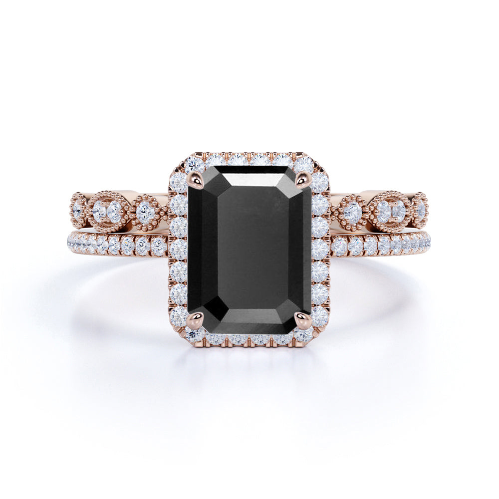 Artdeco scalloped 1.75 Carat Emerald cut Lab Black Diamond Wedding Ring Set for Women in White Gold