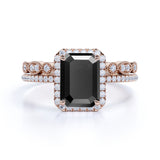 Artdeco scalloped 1.75 Carat Emerald cut Lab Black Diamond Wedding Ring Set for Women in White Gold