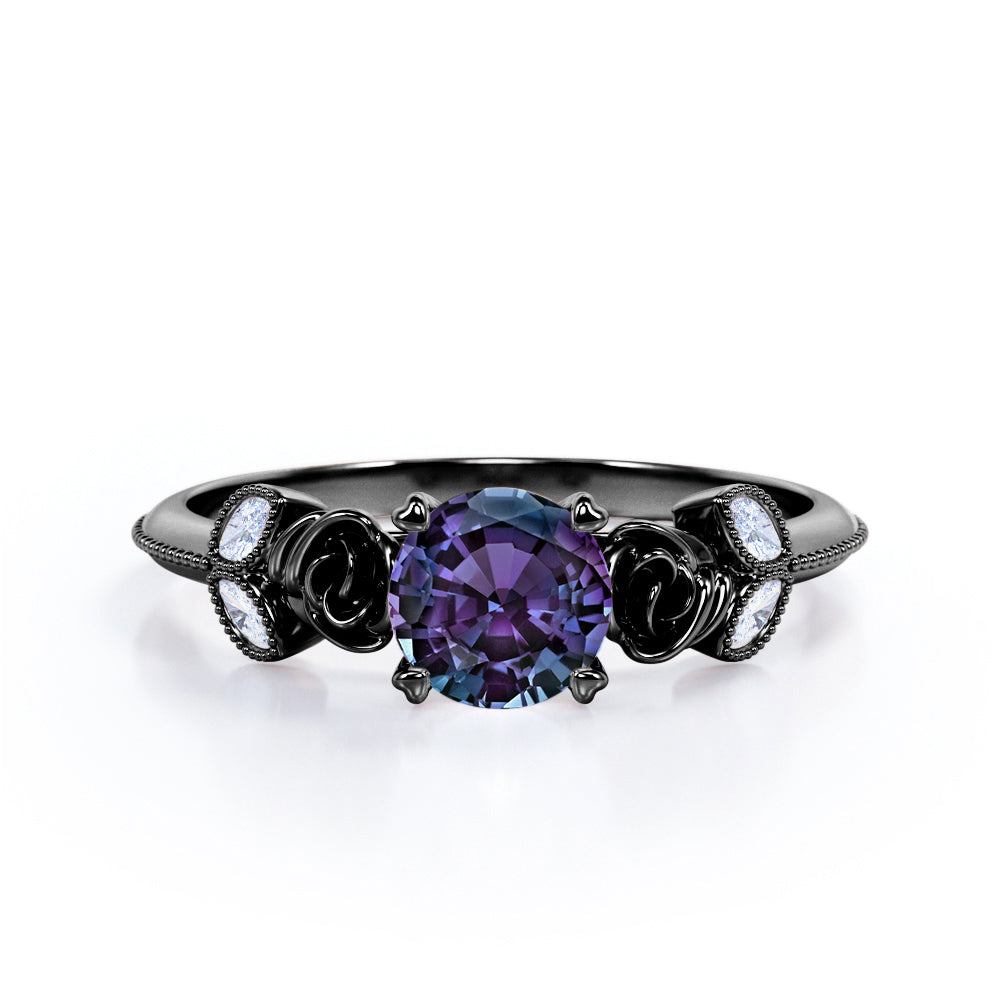 Floral Pattern 1.25 Carat Round Cut Lab Created Alexandrite And Diamond Modern Art Deco Engagement Ring In White Gold For Women