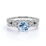 Art Deco 1.50 ct Round Aquamarine Bridal Ring Set