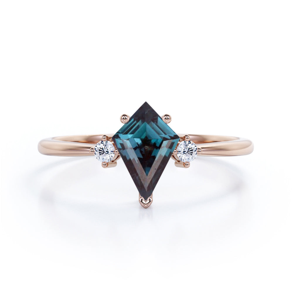 Tapered Trilogy 1 Carat Kite Shaped Lab Created Alexandrite  And Diamond Three Stone Engagement Ring In White Gold