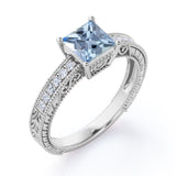 1.2 Carat Princess Cut Aquamarine And Diamond Antique Engagement Ring In White Gold