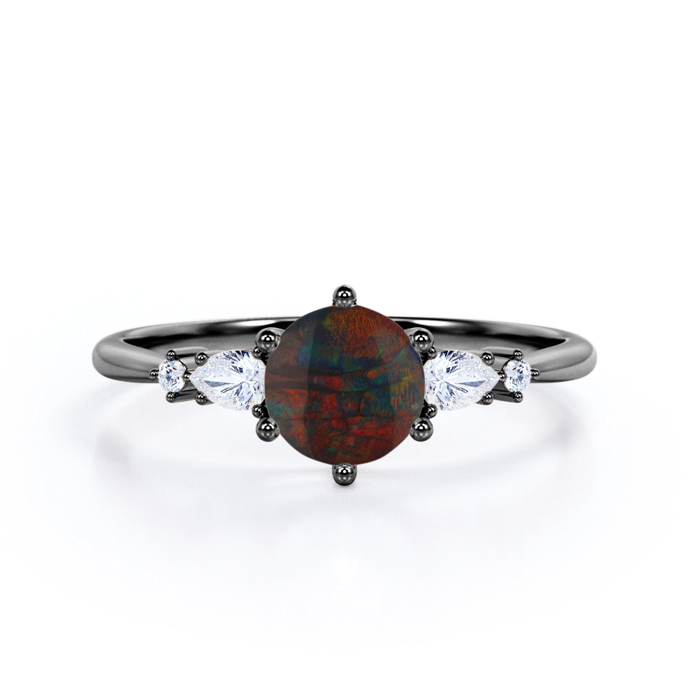 Unique Six Prong 1.25 Carat Round Cut Black Fiery Opal And Diamond Five Stone Engagement Ring In White Gold