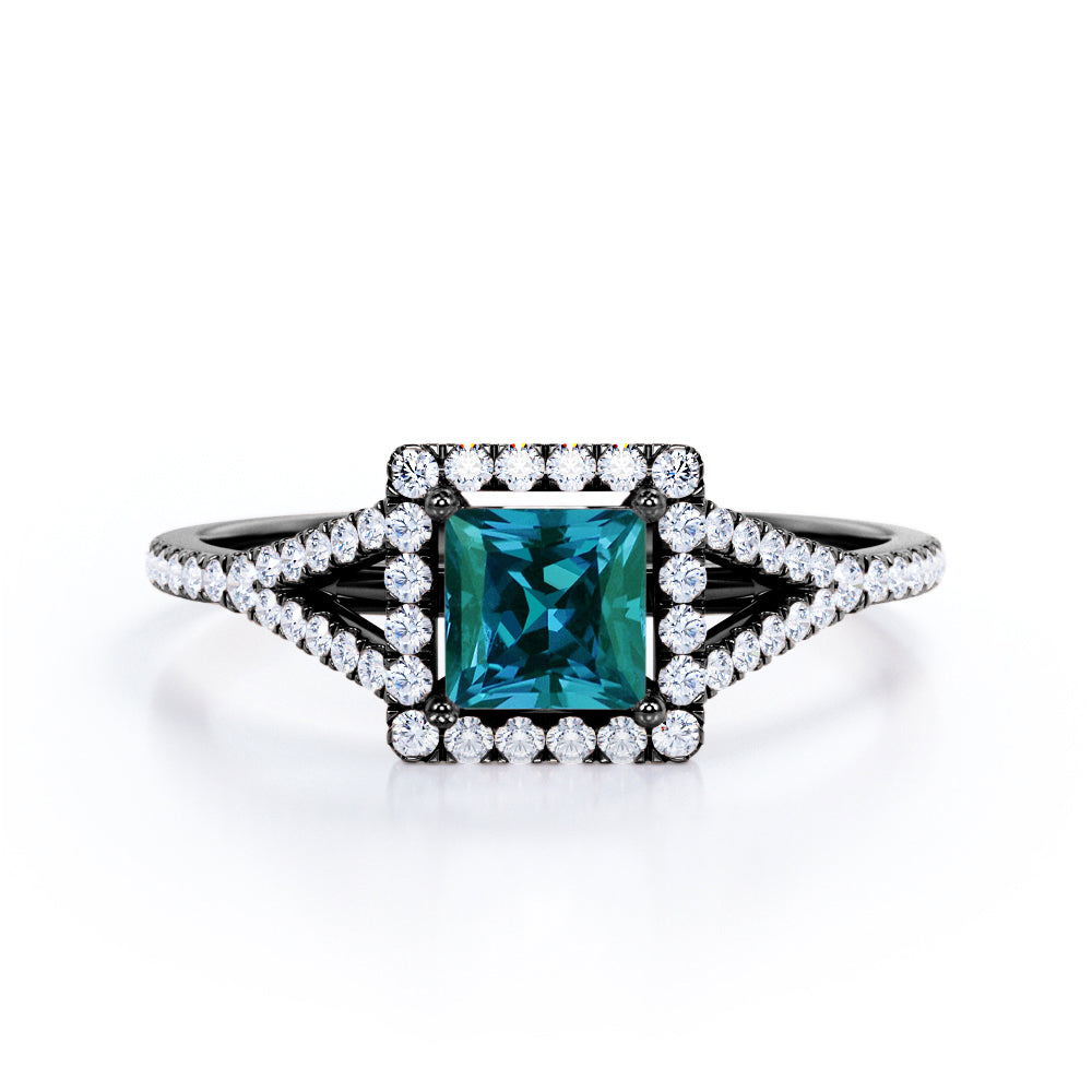 Split Shank 1.40 Carat Princess Cut Lab Created Alexandrite And Diamond Pave Engagement Ring In White Gold For Women