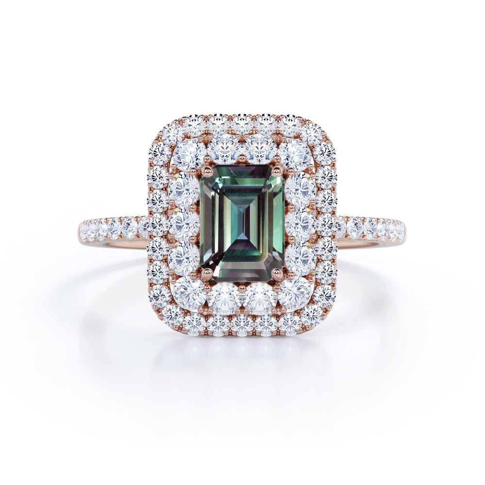 Clustered 1.75 Carat Emerald Cut Lab Created Alexandrite and Diamond Double Halo Pave Engagement Ring In White Gold.