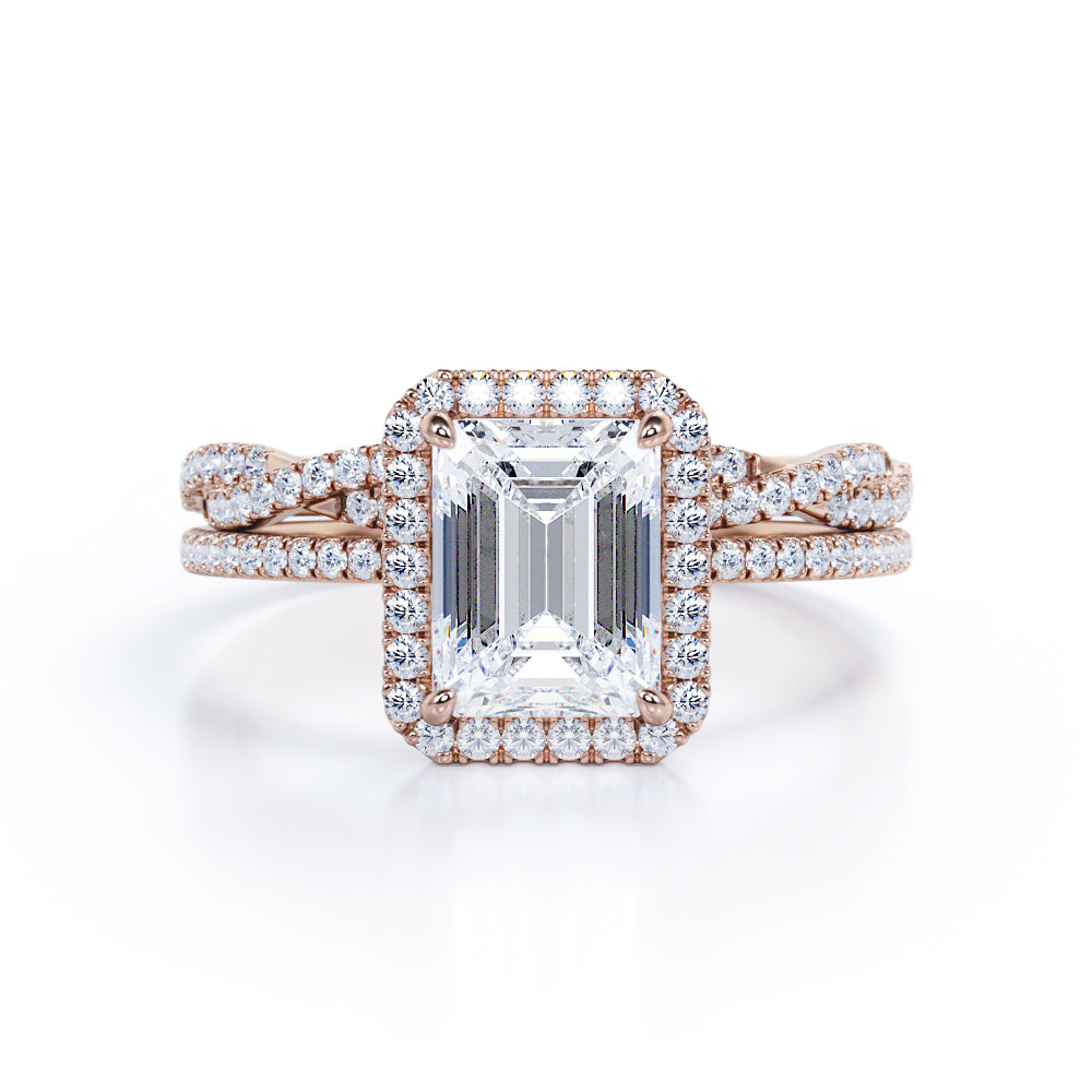 1.50 Carat Emerald Cut Moissanite And Diamond Halo Wedding Ring Set In White Gold