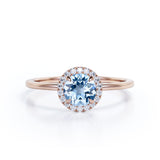 Minimalist Solitaire 1.25 Carat Round Cut Natural Ocean Blue Aquamarine and Diamond Halo Female Engagement Ring