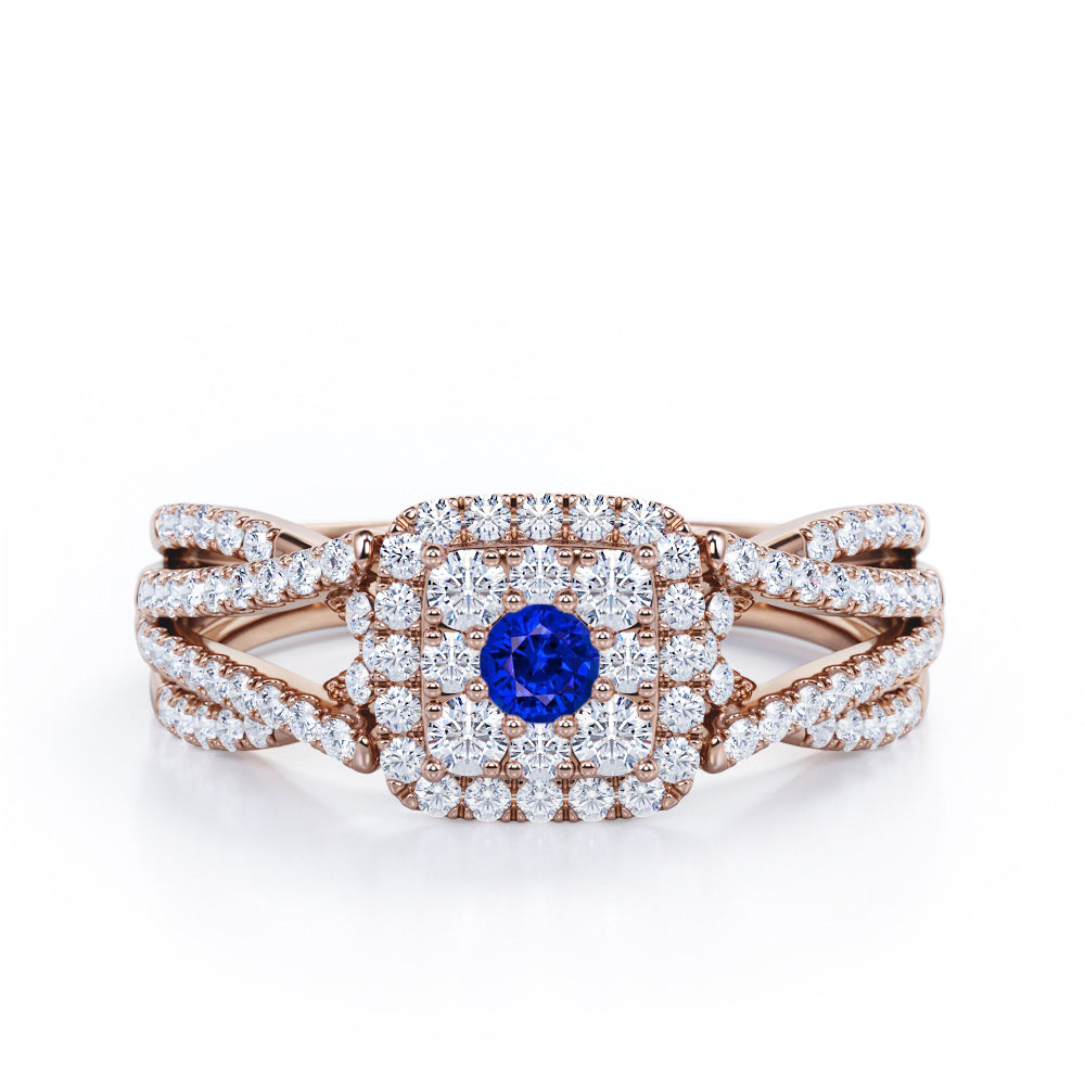 Double Infinity Split Shank - 1.4 Carat Round Shaped Blue Sapphire and diamond - Flush Cluster Halo Engagement Ring in White Gold