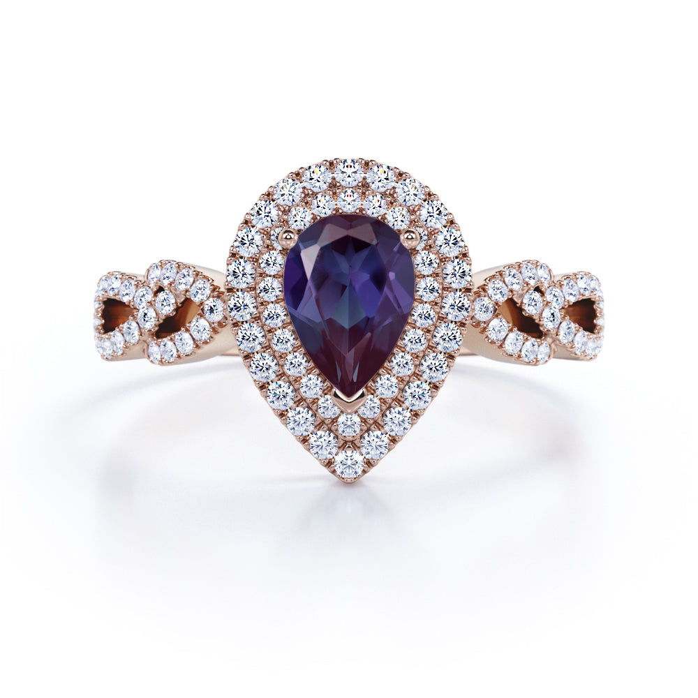 Vintage 1.60 Carat Tear Drop Lab Created Alexandrite And Diamond Double Halo Engagement Ring In White Gold For Her