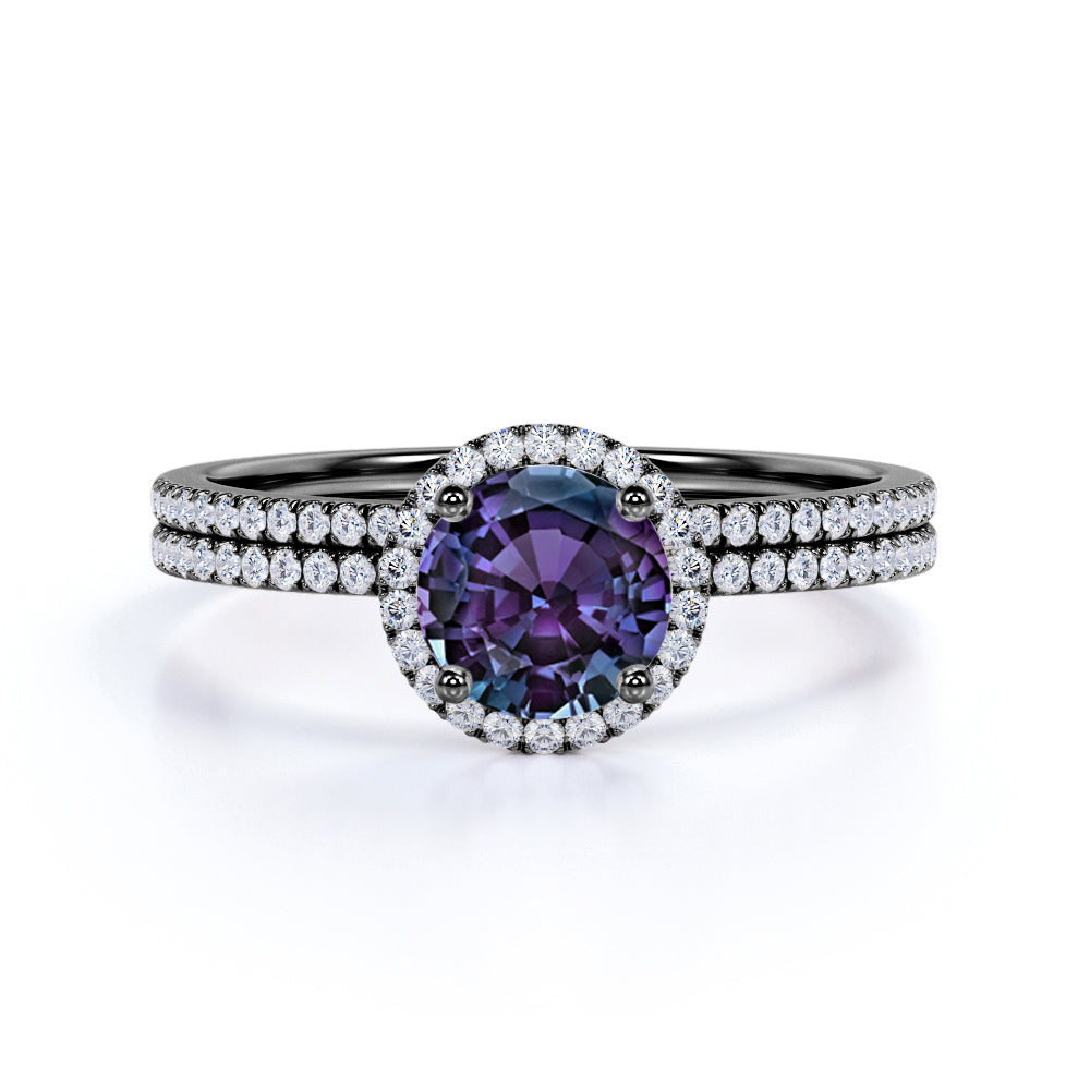 Modern Halo 1.75 Carat Round Cut Lab Made Alexandrite and Diamond Semi Eternity Pave Bridal Set Rings