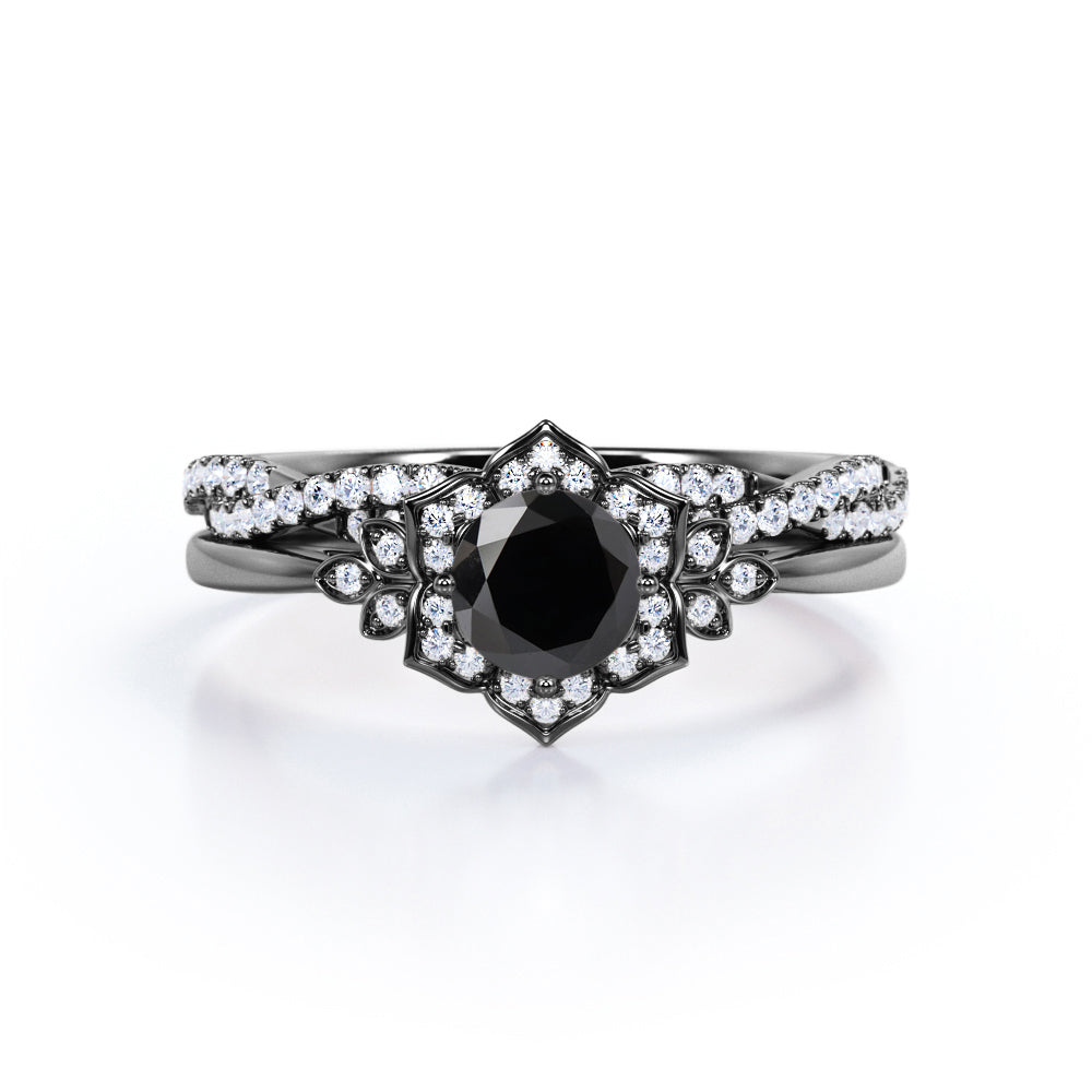 Art Deco 1.50 Carat Round Cut Moissanite Wedding Ring Set