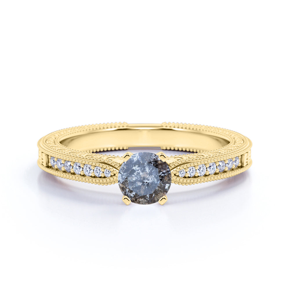 Tapered 0.65 Ct Round Salt and Pepper Diamond Engagement Ring