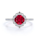 Four Petal Flower Design 1.50 Carat Cushion Cut Lab Ruby and Diamond Engagement Ring in White Gold