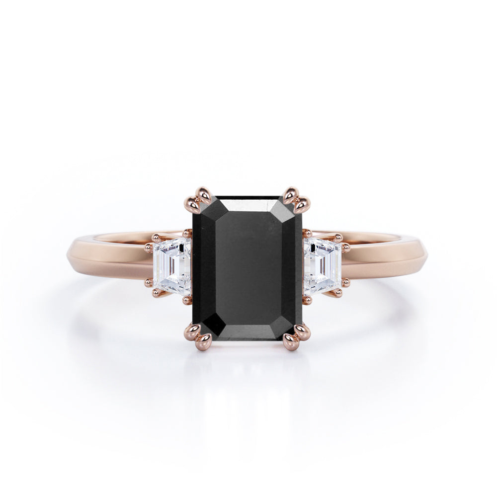 Past, Present and Future 1.10 Carat Emerald Cut Black Diamond Three Stone Engagement Ring In White Gold