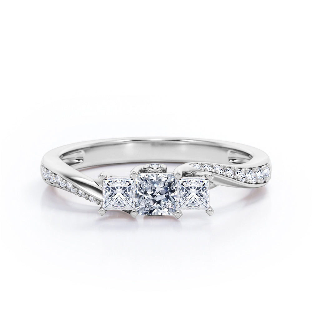 Scale Bridge Accent 0.65 carat Princess Moissanite and Diamond Twisted Wave Engagement Ring in Rose Gold