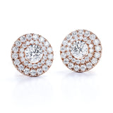 Claw Set 1.20 Carat Round Certified Moissanite and Diamond Double Halo Pave Studs - Wedding Earrings in Rose Gold