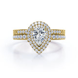 1.75 Carat Double Halo Vintage Moissanite and Diamond Pave Ring Pear Cut Milgrain Bridal Set in Rose Gold