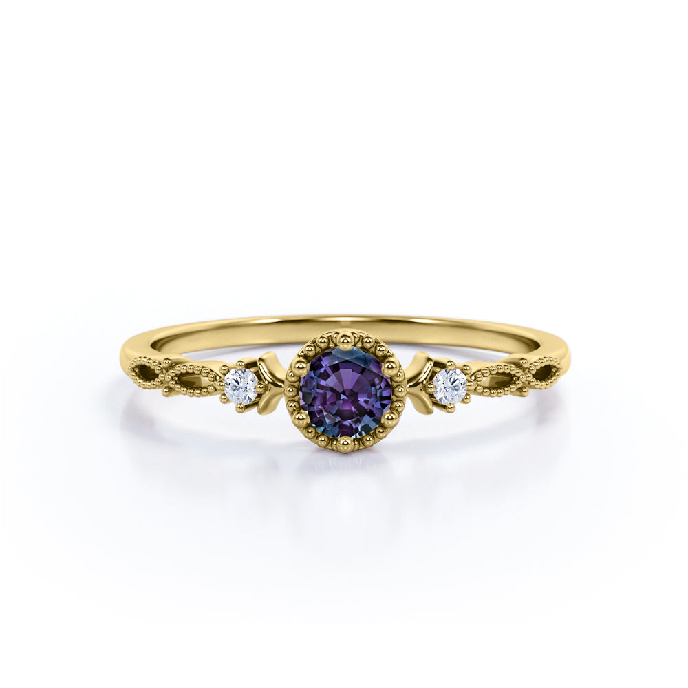 Trilogy Beaded 0.55 Carat Round Cut Lab Created Alexandrite And Diamond Three Stone Engagement Ring In White Gold