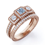 1.65 Carat Princess Cut Aquamarine And Diamond Halo Wedding Ring Set In White Gold
