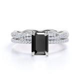 Unique 1.75 Carat Emerald cut Lab Black Diamond Halo Wedding Ring Set for Her in Rose Gold
