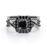 Filigree Twisted Pave 1.75 TCW Princess Cut Lab Created Black Diamond Rounded Square Double Halo Bridal Set in White Gold