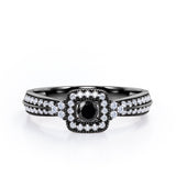 Double Pave Channel 1.5 Carat Round-Shaped Black Diamond Halo Cluster Engagement Ring in  White Gold