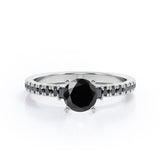 Milgrain Prong Cathedral - 0.75 TCW Round Brilliant Cut Lab Created Black Diamond - Pave Engagement Ring in White Gold