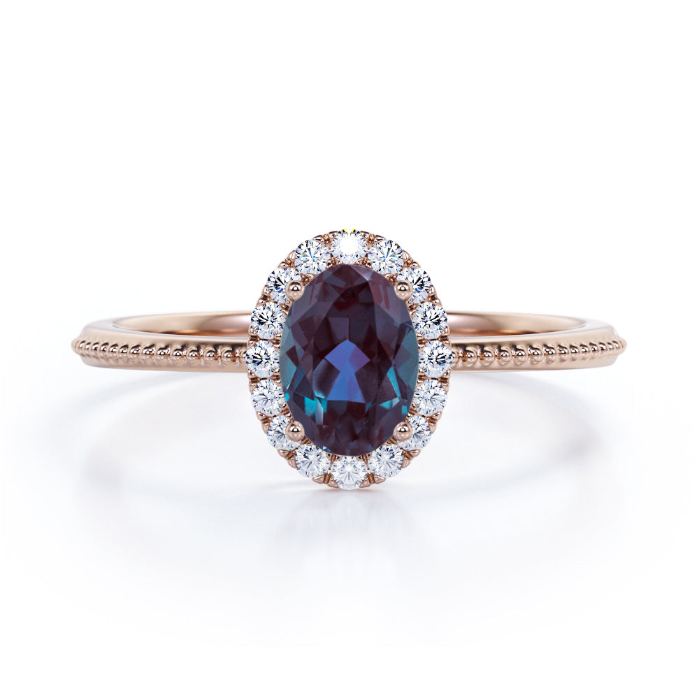 Vintage Inspired 1.15 Carat Oval Cut Lab Created Alexandrite And Diamond Halo Engagement  Ring In White Gold