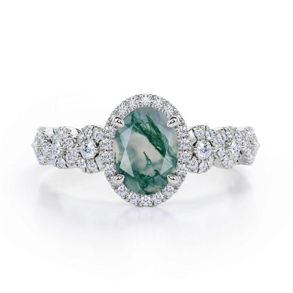 Twisted 1.45 Carat Oval Cut Green Moss Agate And Diamond Halo Engagement Ring In Black Gold