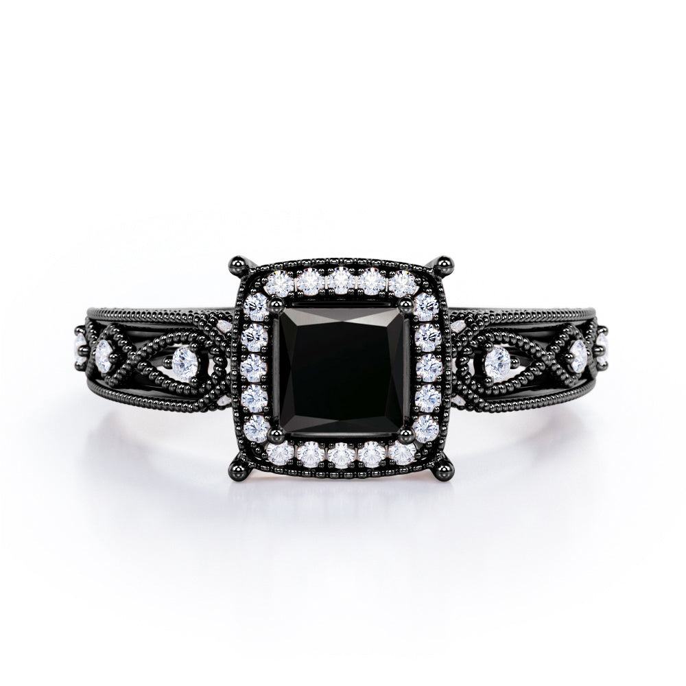 Art Deco Beaded 1.35 Carat Princess Cut Black Diamond Halo Engagement Ring In White Gold