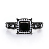 Art Deco Beaded 1.35 Carat Princess Cut Black Diamond Halo Engagement Ring In White Gold